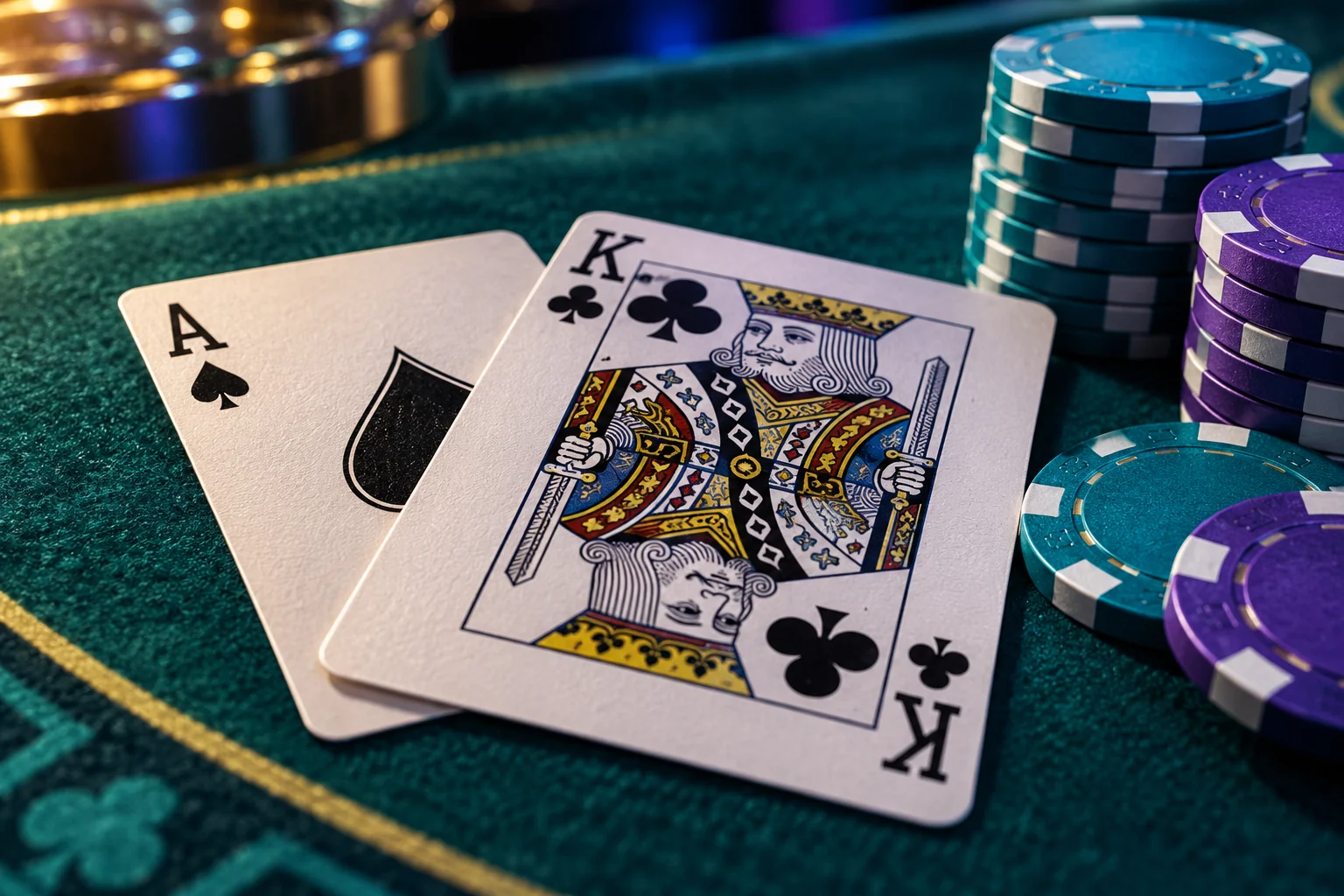 Ace of spades and king of clubs on emerald felt with blue and violet chips
