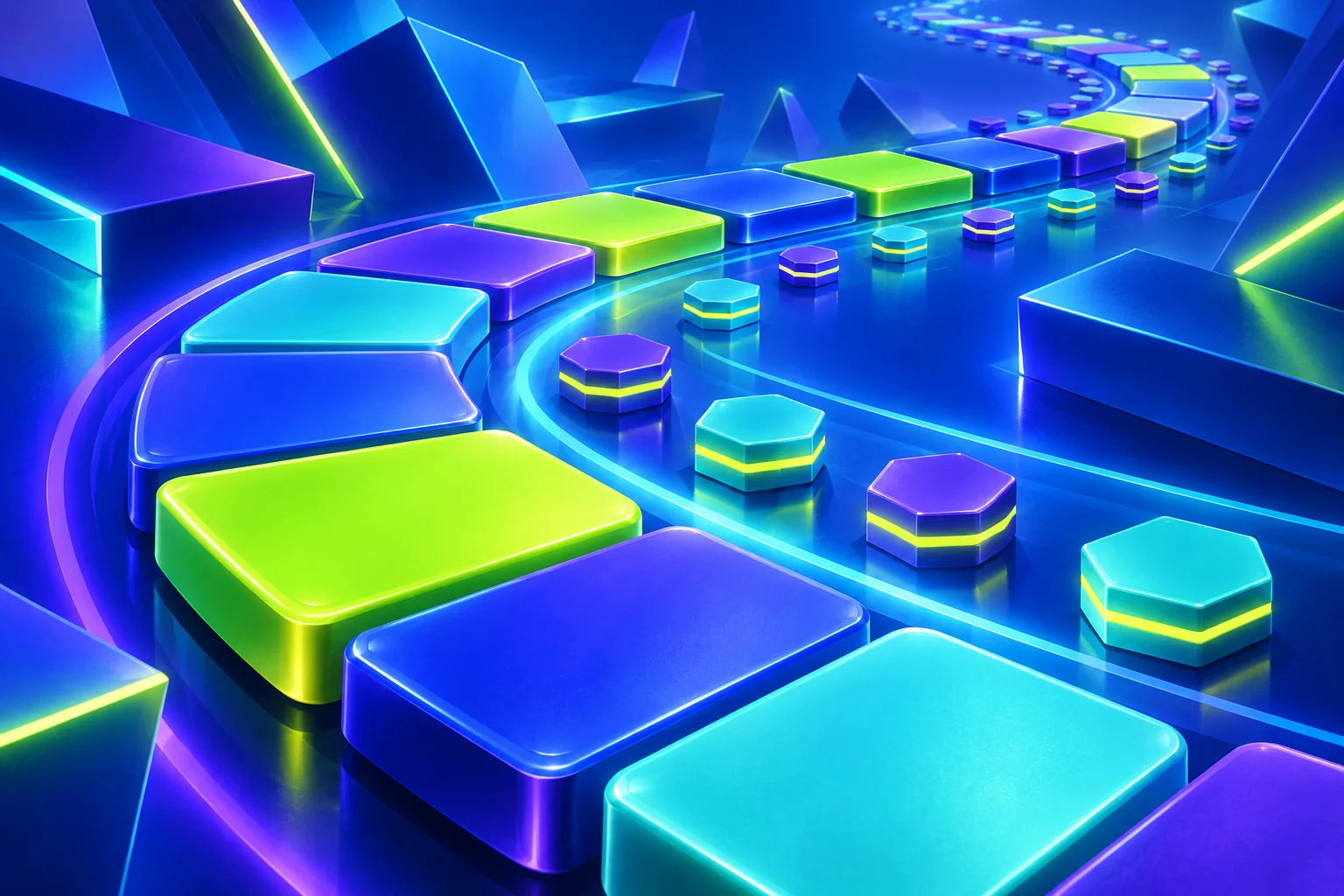 Lime, aqua and violet arcade tokens in a luminous three-dimensional game course
