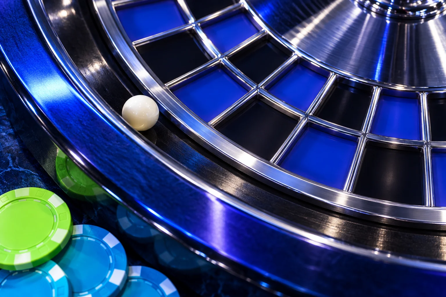 Close-up of a polished roulette rim, ivory ball and colourful chips