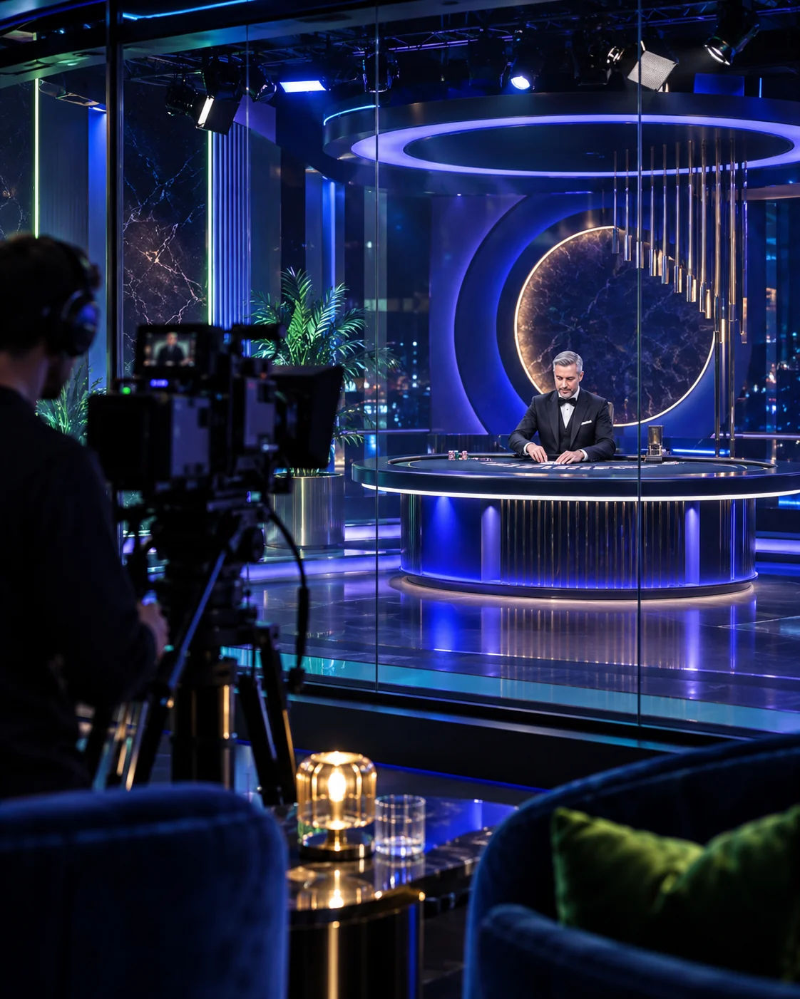 Live casino production studio with an adult male dealer and illuminated table