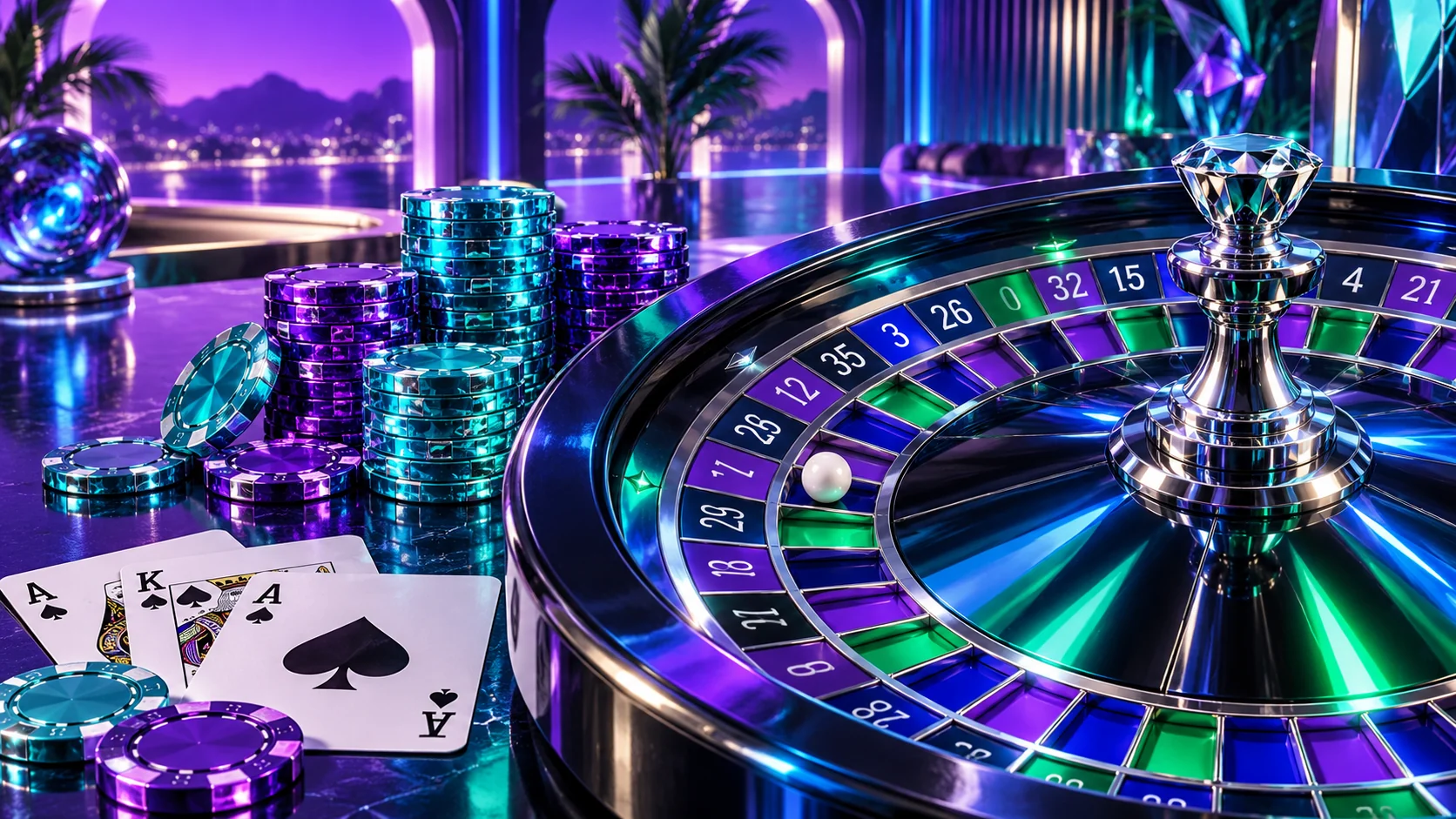 Glossy violet roulette and luminous cyan casino chips