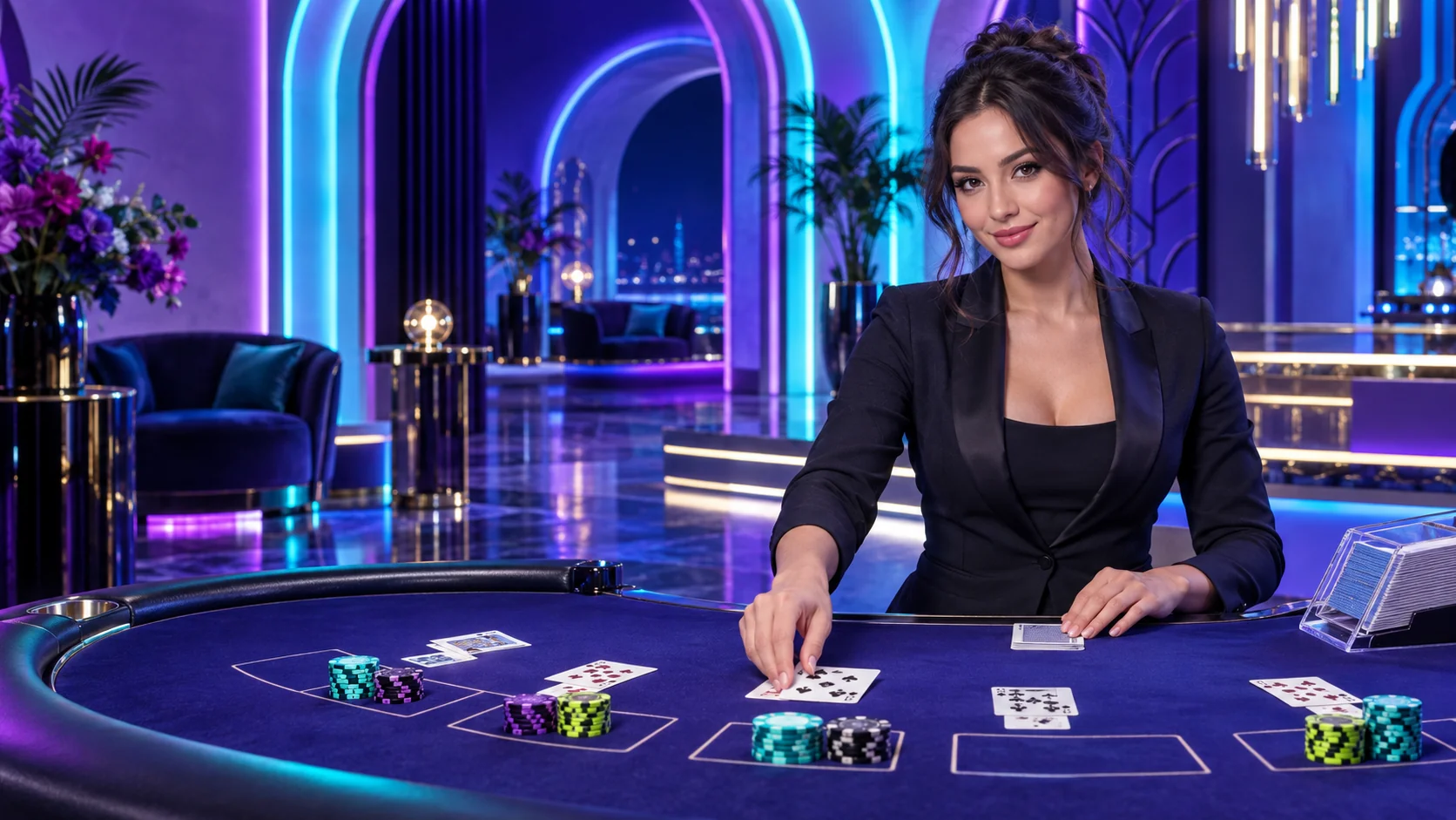Professional live dealer in a luminous violet and aqua casino studio